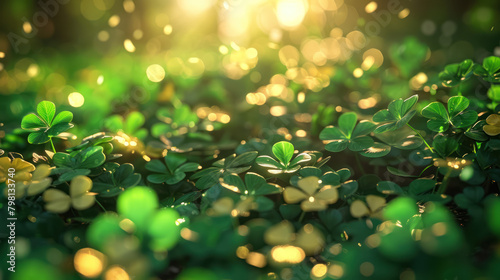 sunlit clover field with vibrant green leaves and soft bokeh background, luck concept