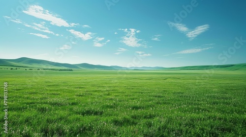 b'Vast green grassland under blue sky with white clouds' photo
