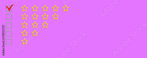 Gold, gray five stars shape on a purple background. Rating stars with tick. Feedback evaluation. Rank quality. Banner.