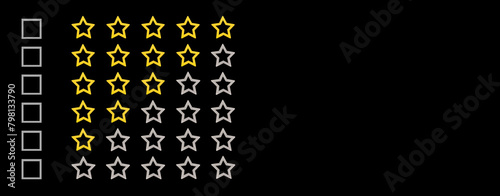 Gold, gray five stars shape on a black background. Rating stars with tick. Feedback evaluation. Rank quality. Banner.