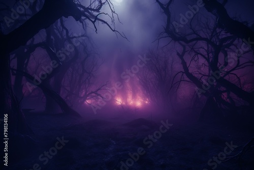b'Mystical foggy forest with a bright light in the distance'