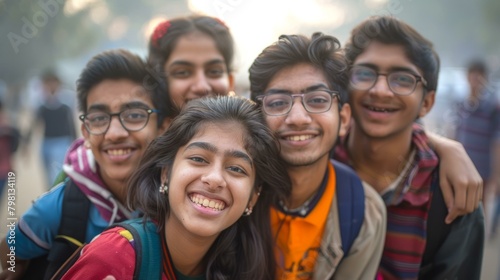 b'Portrait of a group of happy Indian teenage friends' photo