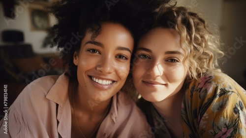 b'Portrait of two smiling women of different ethnicities'