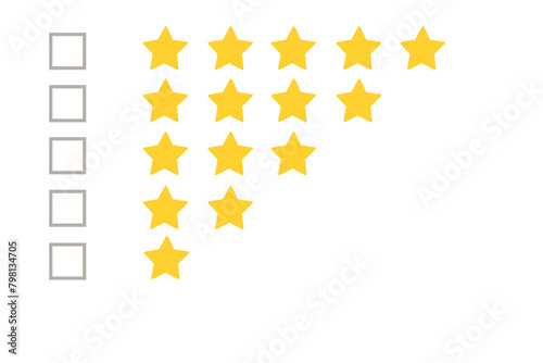 Gold, gray five stars shape on a white background. Rating stars with tick. Feedback evaluation. Rank quality. Feedback from 0 before 5 for apps and websites.