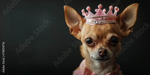 b'A chihuahua dog wearing a pink crown'