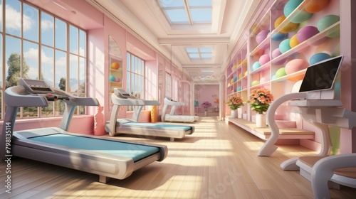 b'Pink and white themed gym interior with treadmills and exercise balls'