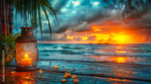 Artistic depiction of a lantern on a beach, with a vivid sunset over the ocean