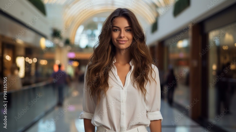 b'Portrait of a beautiful young woman with long brown hair wearing a white shirt'