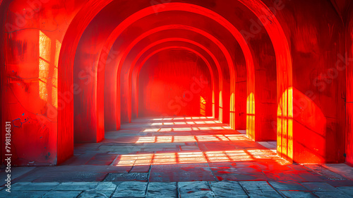 Dramatic lighting enhancing a red arched corridor, portraying depth and fine art aesthetic