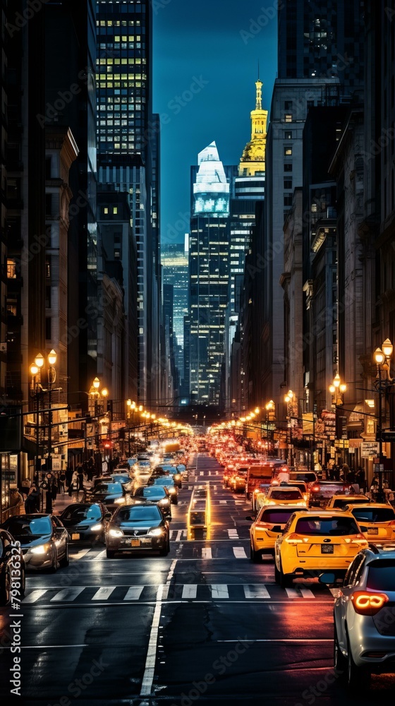 Naklejka premium b'A long road with cars and buildings on both sides'