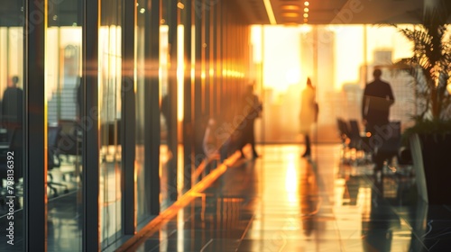 Blurred office interior with silhouetted people during sunset. Corporate business background