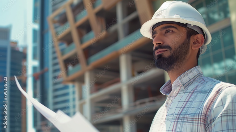 Engineer with a hard hat holding blueprint at a construction site Engineer with a hard hat holding blueprint at a construction site