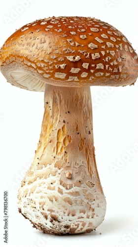 b'Close-up photo of a large brown mushroom with a white stem'