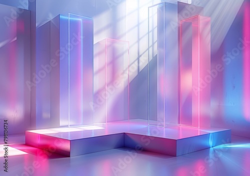 b'3D rendering of a stage with pink and blue neon lights' photo