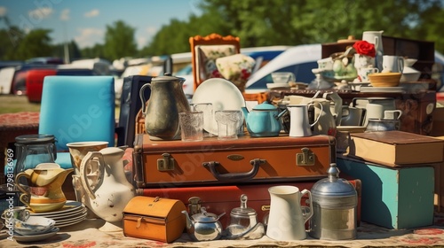 Second hand old household objects for sale at flea market, garage sale, thrift store, charity shop. Zero waste, sustainable lifestyle.