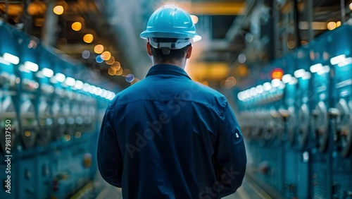 Engineer seen from behind while working at blue central control panel in power plant. Concept Industrial Photography, Control Room, Technology, Engineer at Work, Power Plant Operations photo