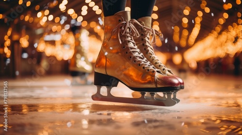 b'Close-up of a person ice skating on an ice rink with blurred lights in the background'