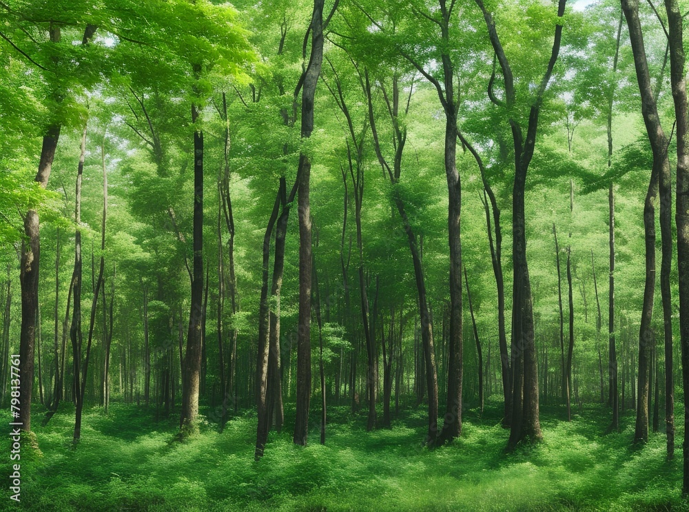 Morning in a green forest full of trees full of beauty. AI Generated