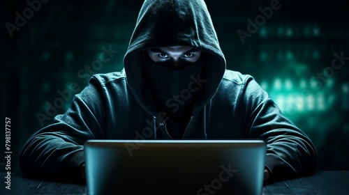 b'hooded man in black mask using laptop in dark room' photo