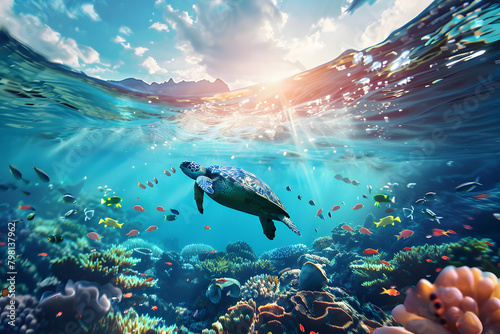 Underwater scene with gracefully swimming sea turtle and  fishes, showcasing biodiversity photo