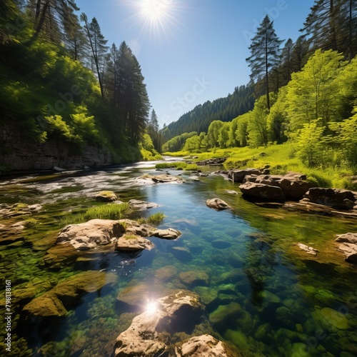 b A beautiful landscape image of a river flowing through a forest 