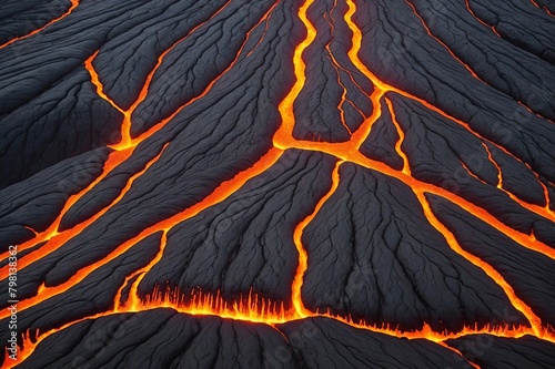 Close-up of fresh lava flowing from volcano eruption