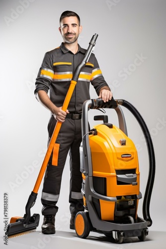 b'A smiling man with a vacuum cleaner' photo