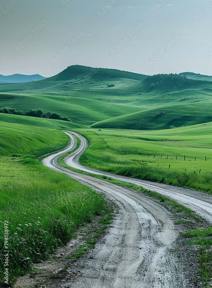 b'Countryside dirt road through green rolling hills'