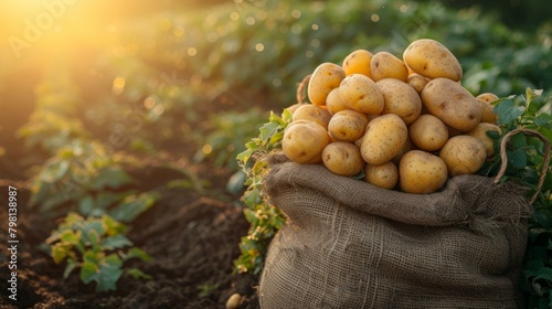 b'A burlap sack full of freshly harvested potatoes sits in a field at sunset.' photo