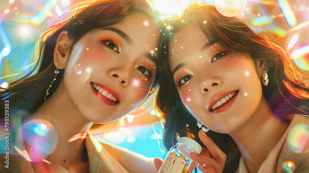 Obraz premium Two beautiful Asian women with brown hair holding a bottle of pills