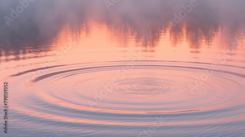 b Still water surface with circular ripples in the center and a pink sky reflecting on the surface 