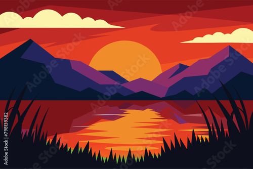 Dramatic sunset at lake with grass and mountains vector © mobarok8888