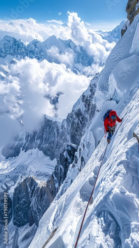 b'A lone climber on a steep snow slope in the Himalayas.'