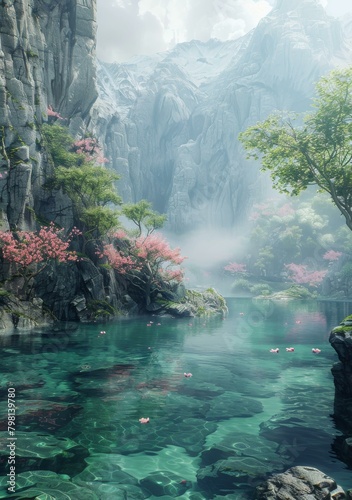 Misty mountain lake with pink cherry blossom trees