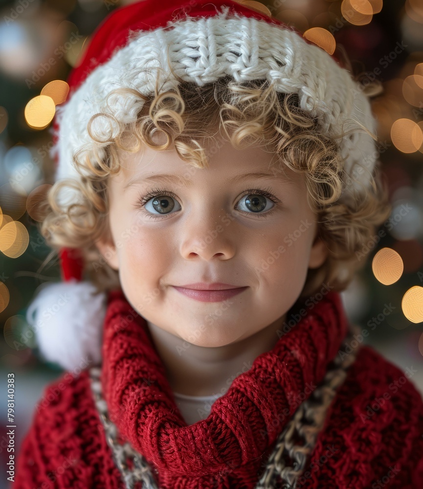 b'Little boy with curly blond hair wearing a red Santa hat smiles at the camera' b'Little boy with curly blond hair wearing a red Santa hat smiles at the camera'