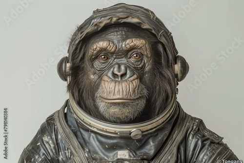 b'A photo of a chimpanzee wearing a space helmet'