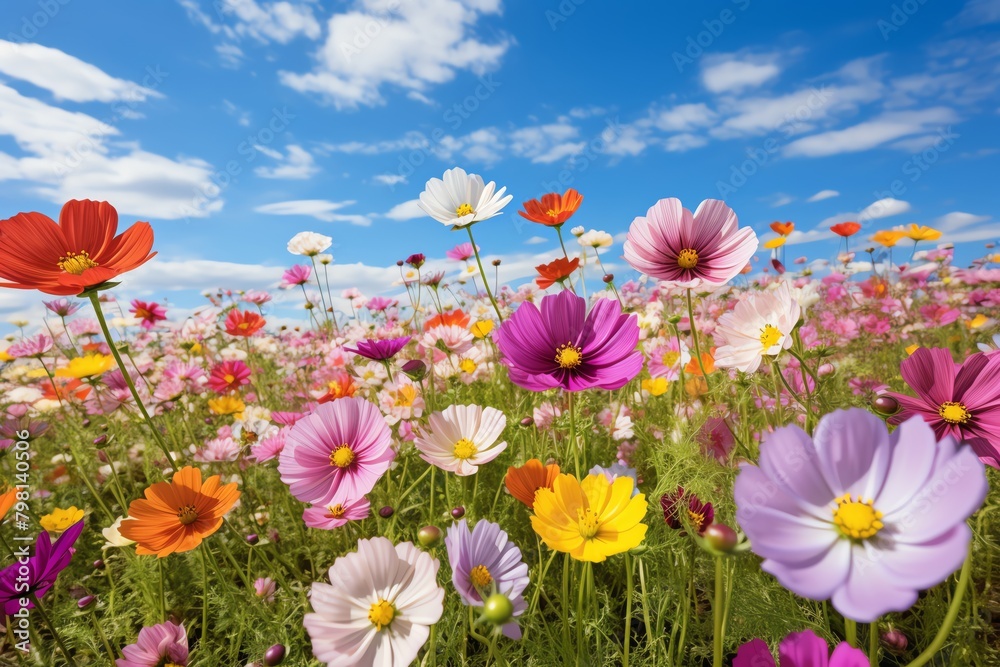 A vibrant field of wildflowers under a clear blue sky