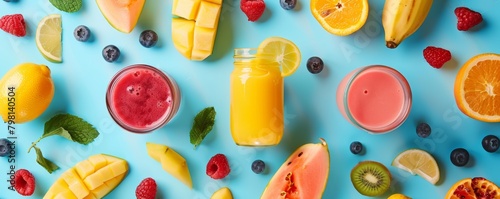 Various fresh fruit juices and smoothies with ingredients on a blue background. Top view composition with place for text.
