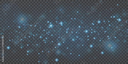 Blue magic dust with sparkling lights and stars. On a transparent background.