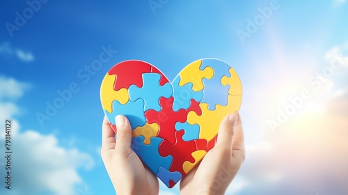 World autism awareness day, Autism spectrum disorder concept. Adult and child hands holding together colorful painted puzzle heart on blue sky background.
