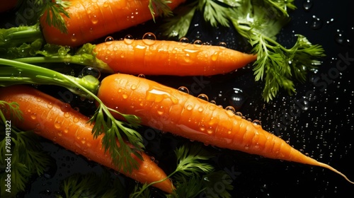 b'Fresh carrots with green leaves on a black background'