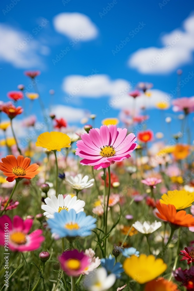 b'Field of colorful flowers under blue sky' b'Field of colorful flowers under blue sky'