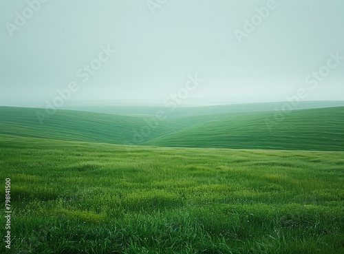 b'Green rolling hills stretch into the distance under a gray sky'