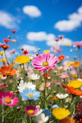 b'Field of colorful flowers under blue sky'