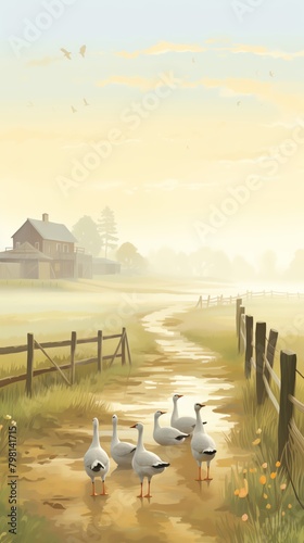 A rural landscape with geese pecking at the ground near a traditional wooden fence photo