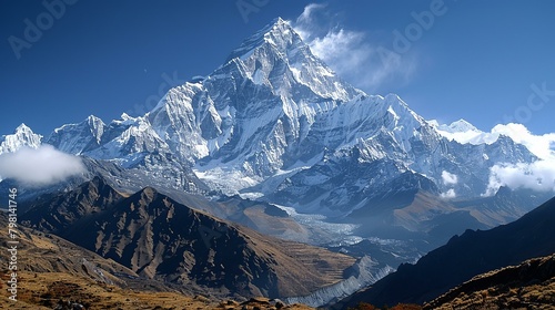 b'A majestic view of a snow-capped mountain peak towering above a rugged landscape' photo