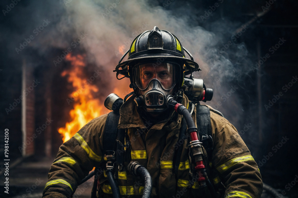 A firefighter in a fire fighter's uniform and a helmet for firefighters on the background of a burning building