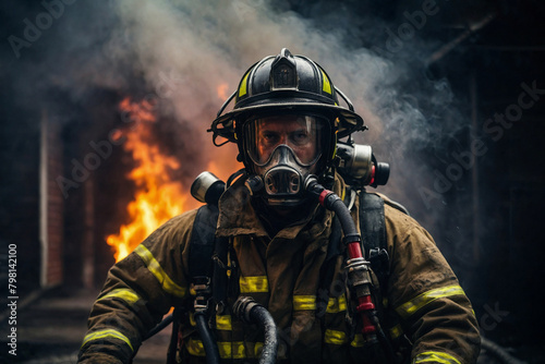 A firefighter in a fire fighter's uniform and a helmet for firefighters on the background of a burning building