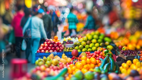 The vibrant colors and bustling activity of the marketplace are softened by the defocused background giving a dreamlike quality to the scene. .