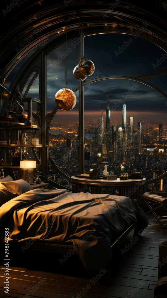 b'futuristic cityscape bedroom interior design night view'